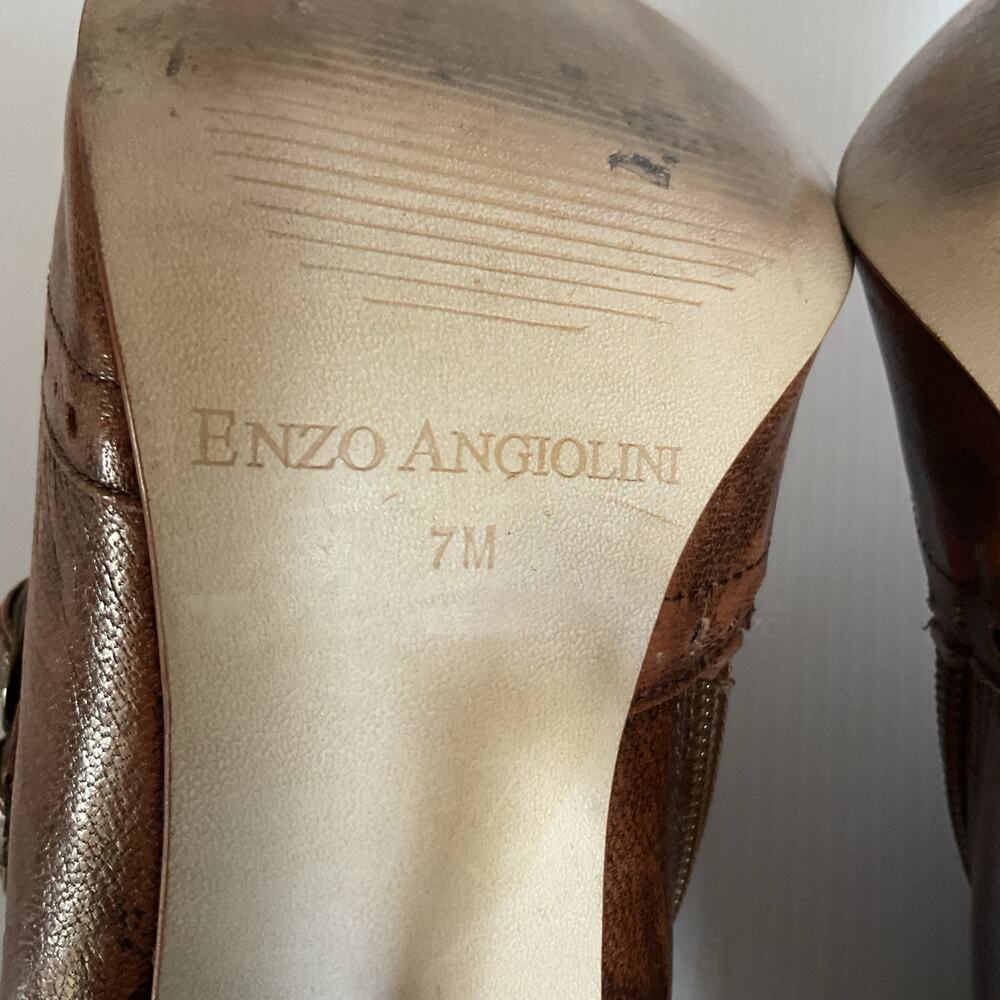Vintage Enzo Angiolini Brown Leather Fringe Heels Double Buckle Pumps Size 7M - Picture 10 of 10